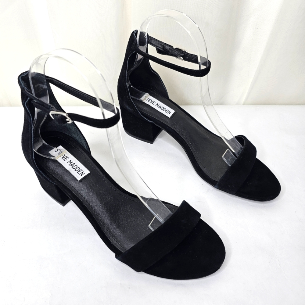 Steve Madden Irenee Black Suede Leather Ankle Strap Block Heel Sandal Size 7.5